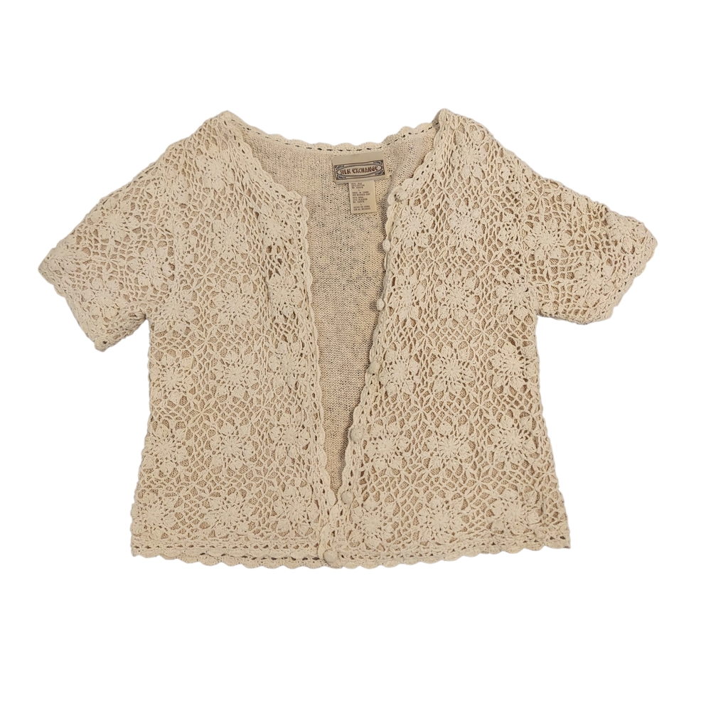 Vintage Silk Exchange Silk And Cotton Crochet Cottagecore Cream Sweater Cardigan